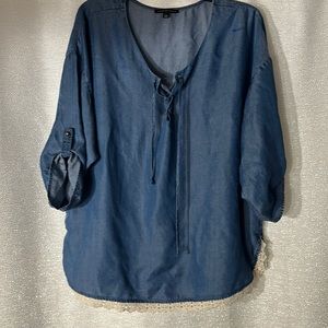 Soft denim blouse with lace detail
